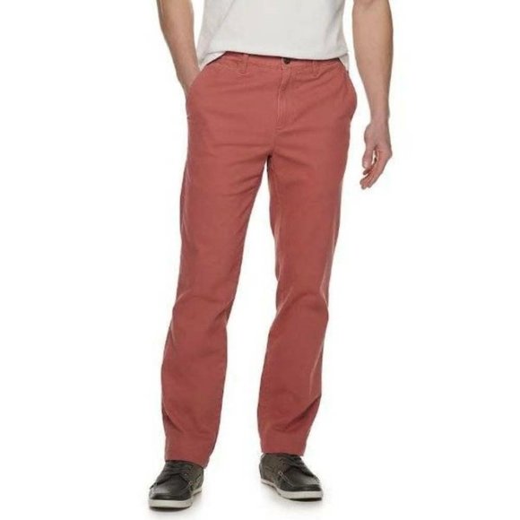 Mens Pants Red 32x30 Chino Flat Front Straight Fit 5 Pkt Khakis Cotton Sonoma - Picture 1 of 5